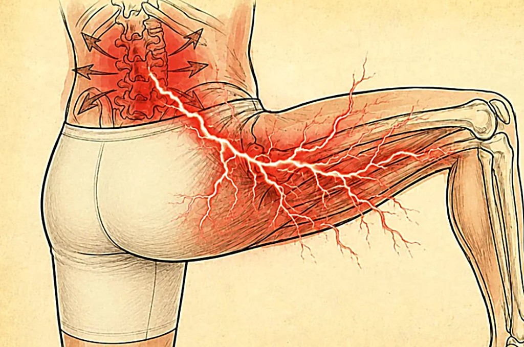 Illustrazione anatomica della schiena bassa e della gamba